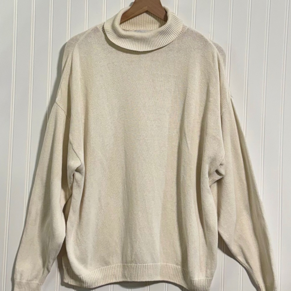 Chelsea Gardens Vintage 90s XL Cream Cotton Knit Turtleneck‎ Sweater Made in USA - Picture 2 of 7